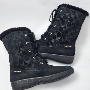 Coach Tuesday Black Embossed Leather Faux Fur Lace-up Boot, Great Cond. Sz8.5